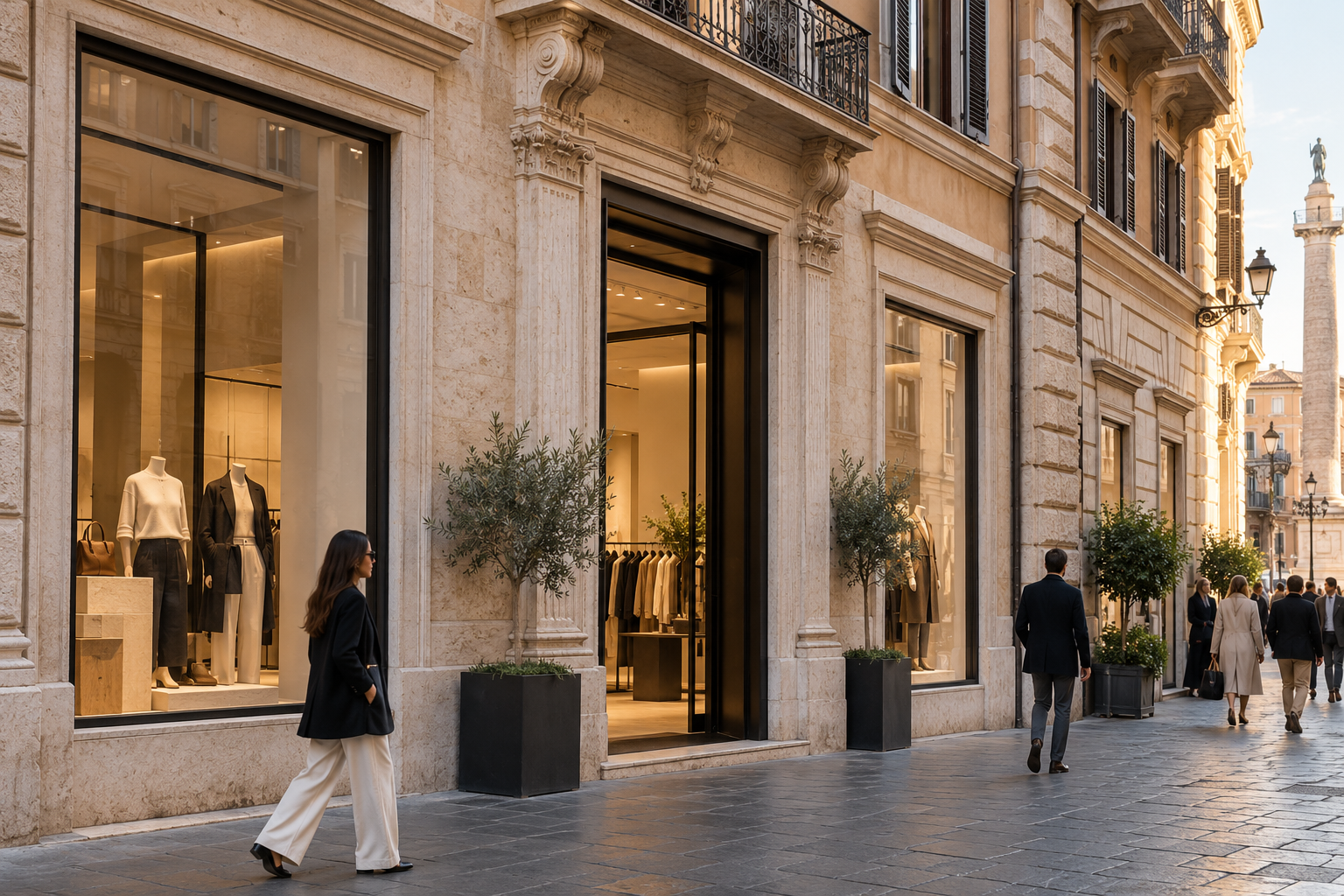 Historic Roman architecture and a contemporary shop window — illustrative image